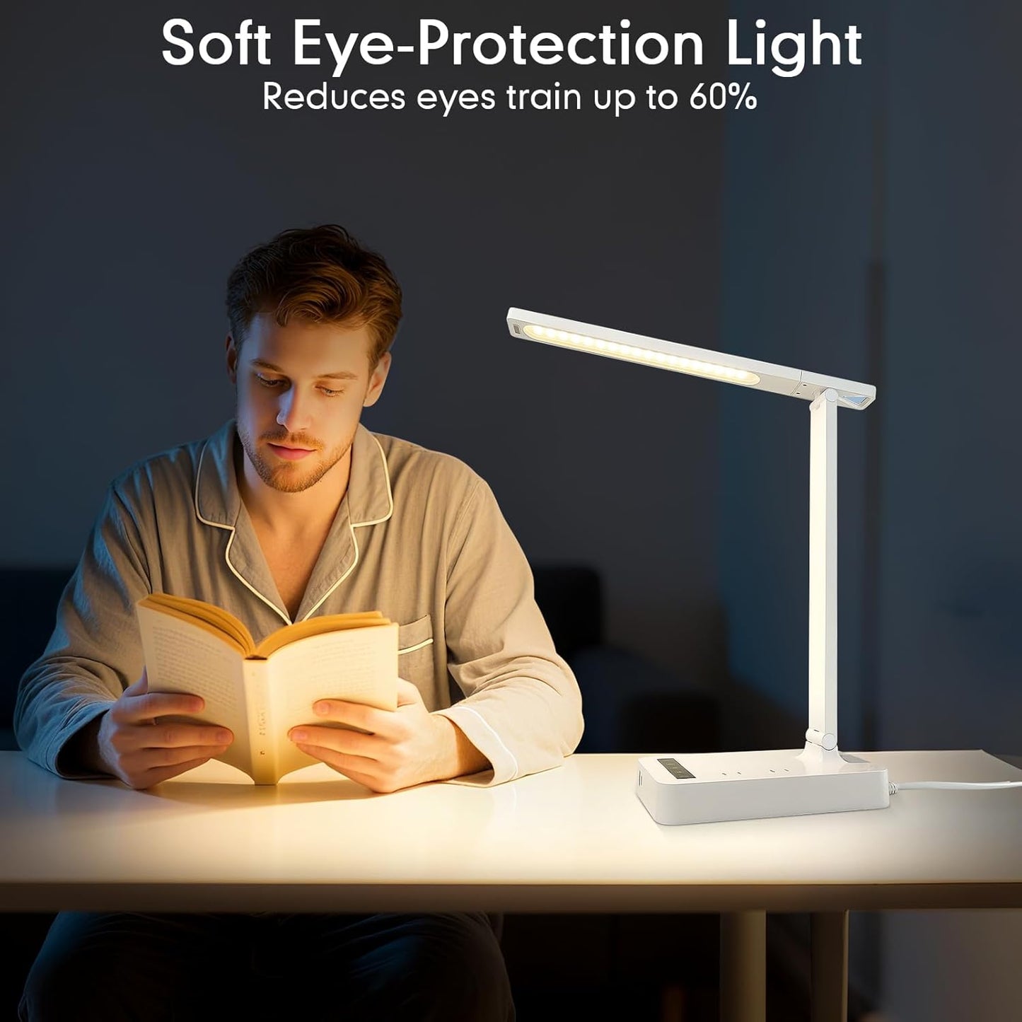 Desk Lamp with 4-Port Charging Station (2 AC Outlets, USB-C, USB-A), 5 Color Modes & Adjustable Brightness, Flexible Gooseneck Arm, Eye-Protecting LED Light Source, Ideal for Home Offices & Bedrooms