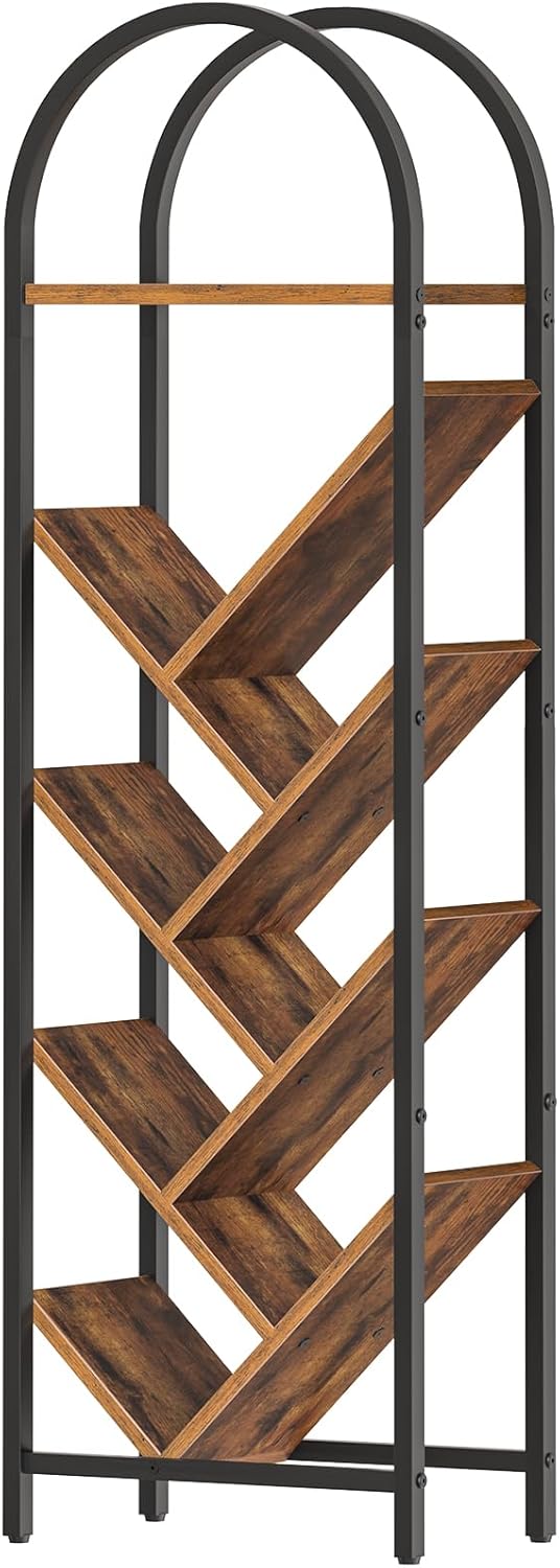 HOOBRO Tree Bookshelf, 8-Tier Floor Standing Bookshelf, Storage Organizer Bookcase for Books/CDs, Wooden Arched Tall Bookshelf for Living Room, Bedroom, Study, Rustic Brown and Black BF07SJ01