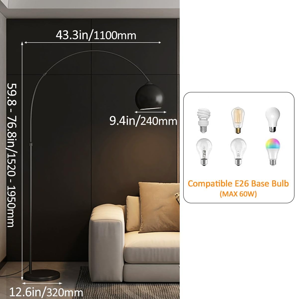 Arch Floor Lamps Modern 76.8" Tall Standing Lamp with Black Metal Shade Adjustable Height Arc Floor Lamp with 3 Color Temperatures Sofa Reading Pole Lamp for Bedroom Reading Room Nursery