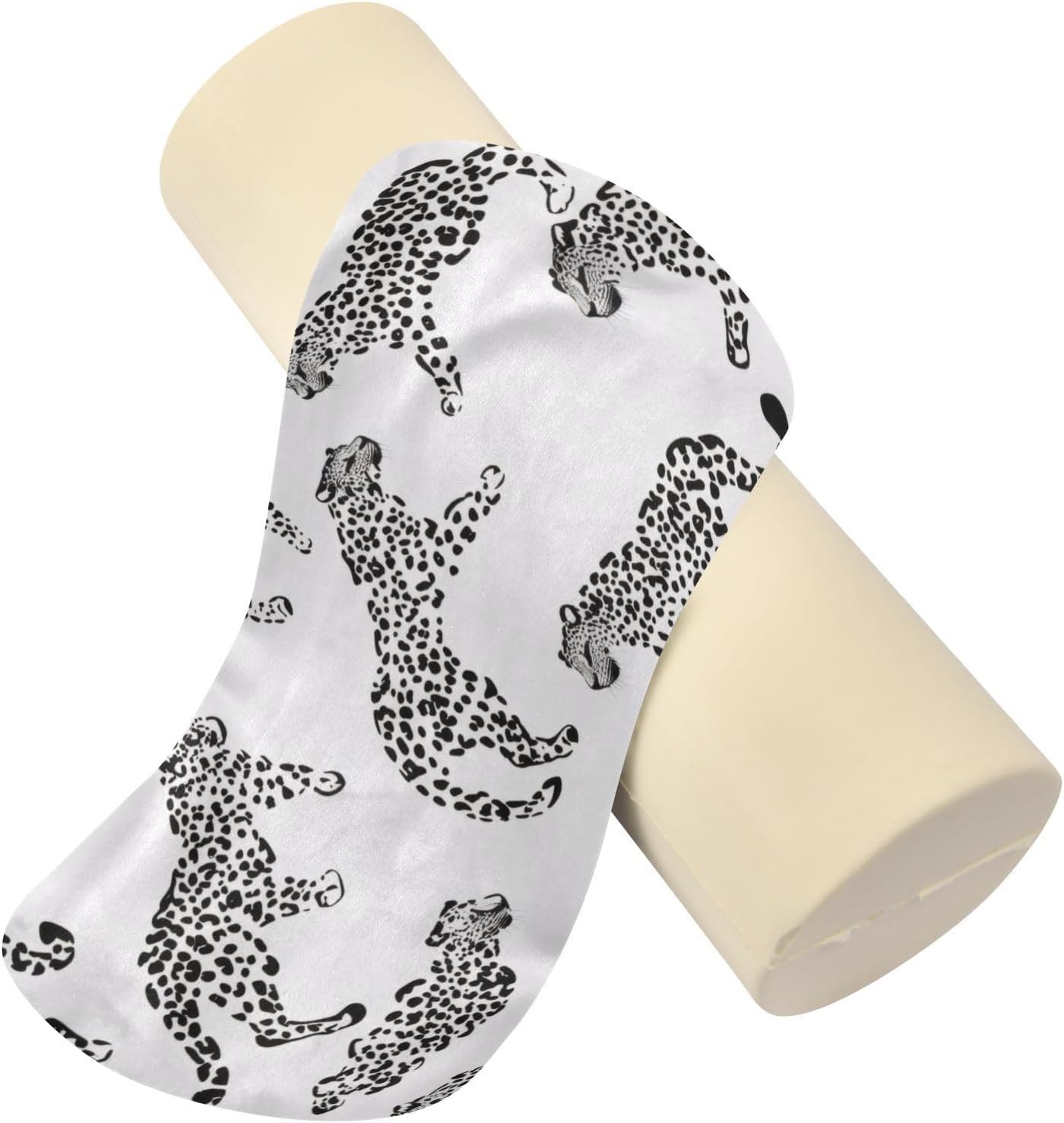 White Leopard Print Neck Roll Pillow - Extra Dense Memory Foam Round Cylinder Bolster for Cervical Support, Spondylosis, Neck Pain Relief