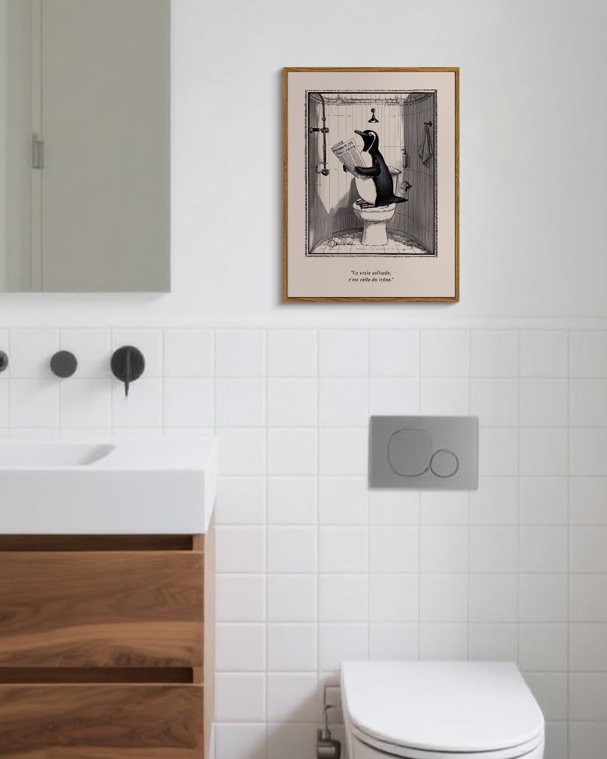 WHASAYART Funny Penguin Reading Newspaper on Toilet Wall Art, 12x16 Framed Canvas Print French True Solitude Is on the Throne Quote Artwork, Humorous Restroom Bathroom Office Men’s Cave Decor
