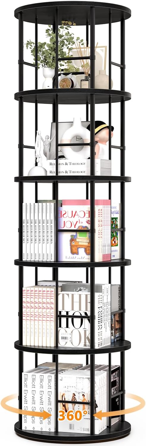 5-Tier Rotating Bookshelf Tower – 360° Spinning Bookcase, Stackable Narrow Storage Organizer, Tall Space-Saving Swivel Shelf for Corner, Bedroom, Living Room, or Office (Black)