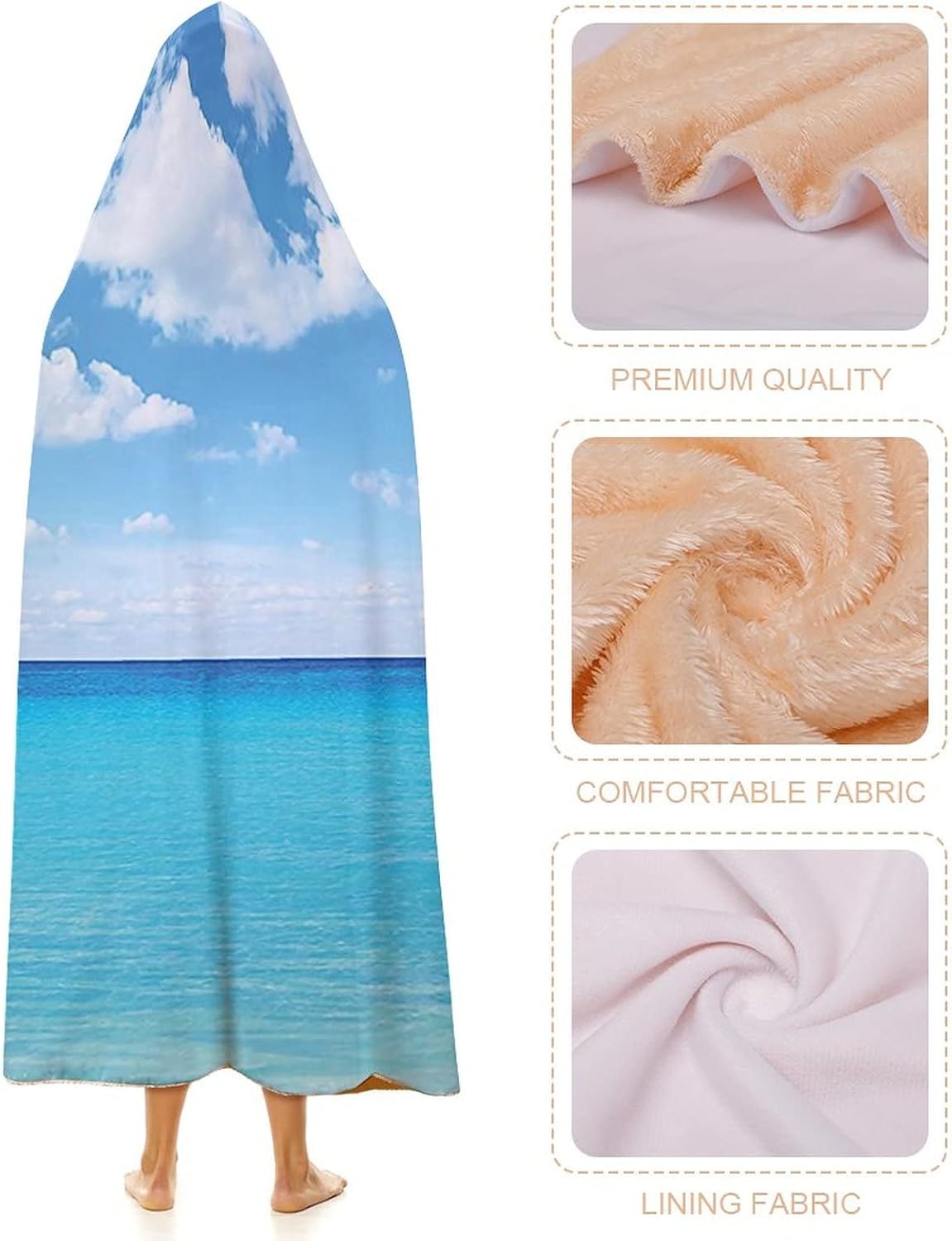 Throw Blankets, Ocean Decor Women Men Hooded Blanket, Surreal Tropical Seascape with Dreamy Sea and, Soft Warm Cozy, 50 x 60inches, Studying Reading Snuggling Napping Office, Turquoise White