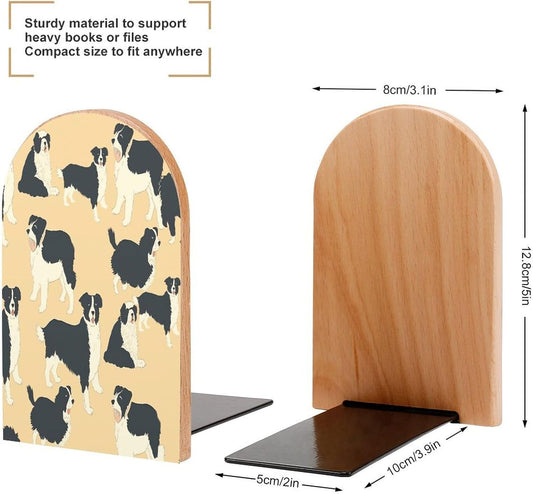 Border Collie Pattern Bookends 1 Pair Heavy Duty Book Ends for Shelves Non-Skid Bookend Supports Wooden Book Holders with Metal Base Desk Organizers Books Storage to Hold Books