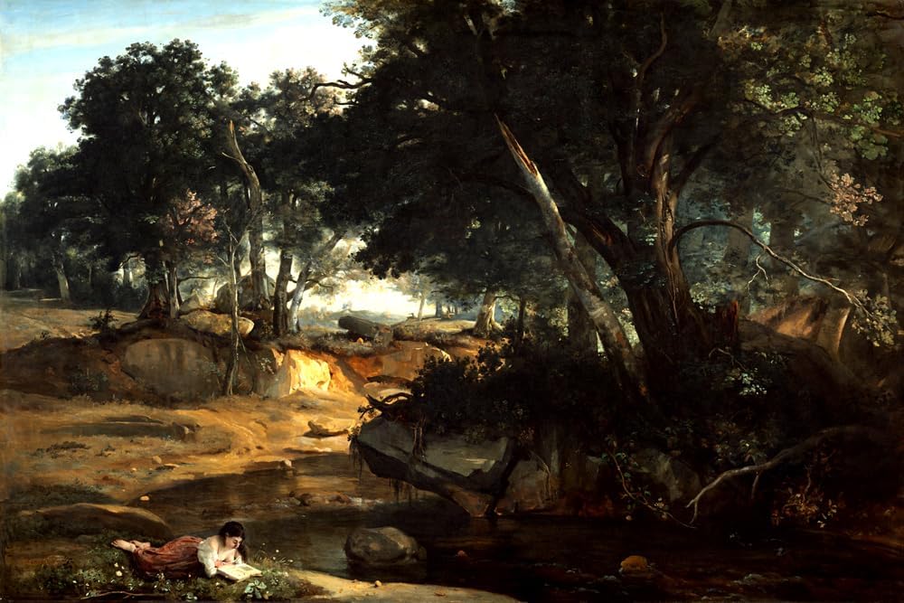 Forest of Fontainebleau Woman Reading by a Stream Naturalistic Beauty Painting By Jean Baptiste Camille Corot 20"X30" Image Size on Matte Paper Fine Art Print Poster Shipped Rolled-up