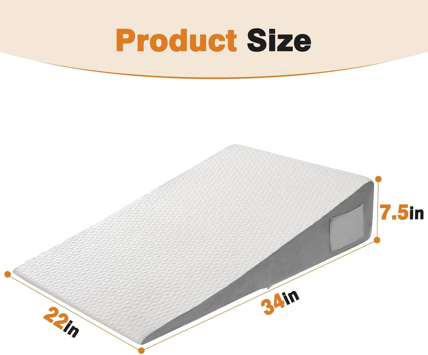 Vekkia 34" Extra-Long Wedge Pillow, Back & Arm Support, Bed Wedge Pillow for Sleeping After Surgery, Acid Reflux, Snoring Relief, Removable Washable Cover & Double Side Pockets, 7.5" Height, White