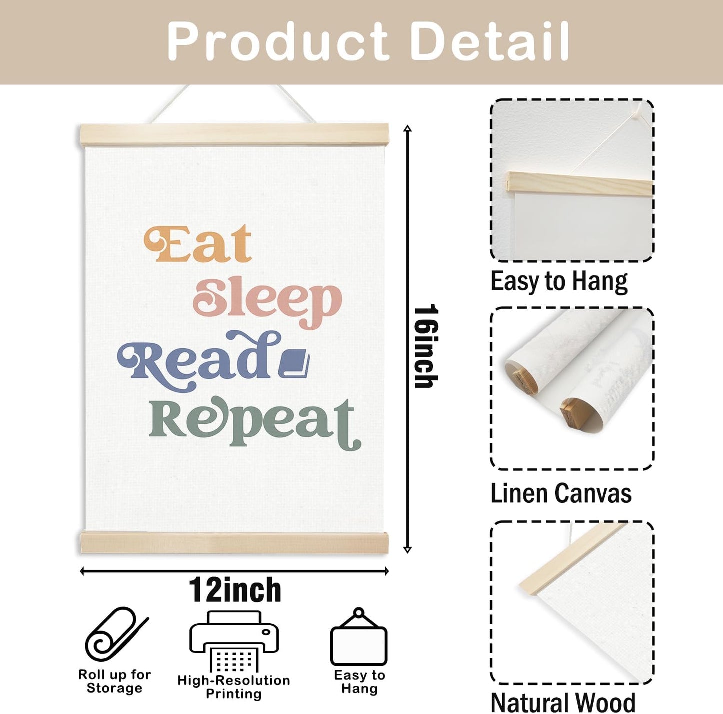 Voxitura Eat Sleep Read Repeat Poster Hanger Frame, Nursery Classroom Wall Decor Art Canvas for Book Lovers Library Reading Nook Corner, Educational Prints for Wall Hanging Decor Banner 12x16in