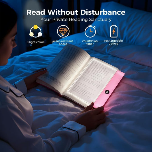 2026 Upgraded Book Light, Rechargeable Clear LED Flat Book Lights for Reading in Bed at Night with 3 Colors & Timer, Dimmable Panel Plate Lamp Full Page Light, Gift for Readers Women Men (white)