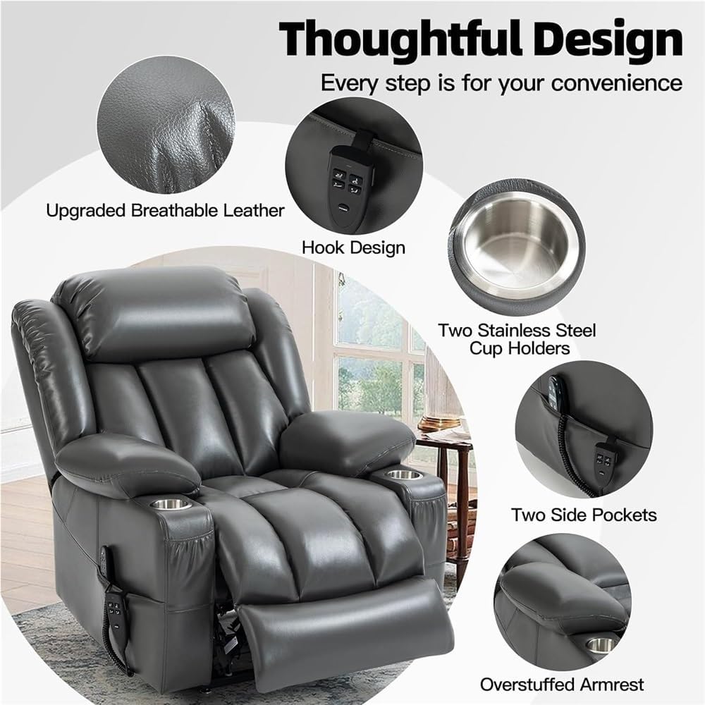 Lay Flat Power Lift Recliner Chair for Elderly with Dual Motor Massage Heating Breathable Leather Electric Lounge Chair 2 Cup Holders Remote Controls Comfortable Seating
