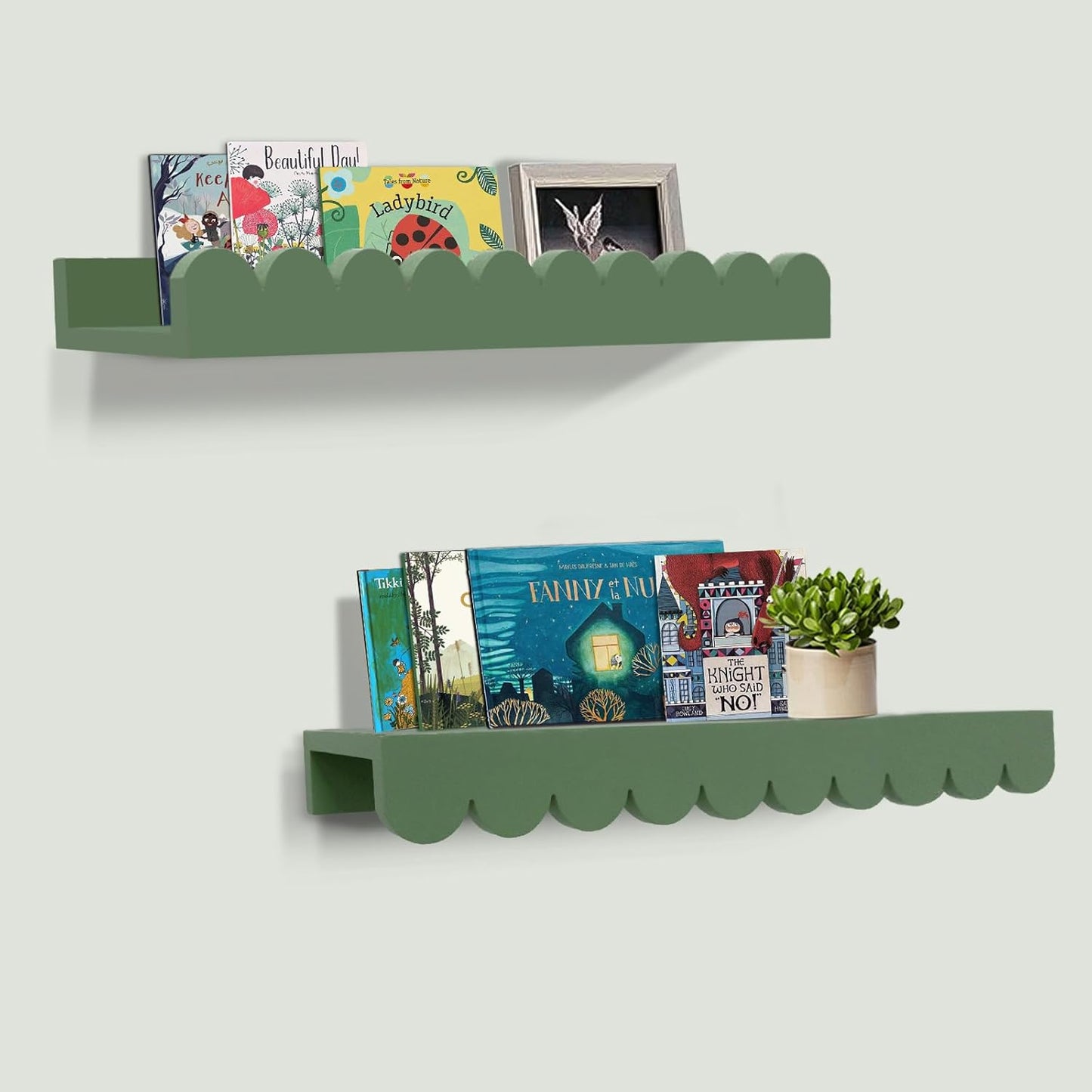 Nursery Book Shelves 20Inches, Scalloped Floating Shelves for Bedroom Kids, Nursery Shelves for Wall 2 Pack, Scalloped Shelf for Toddler Room, Baby Room, Sage, Large