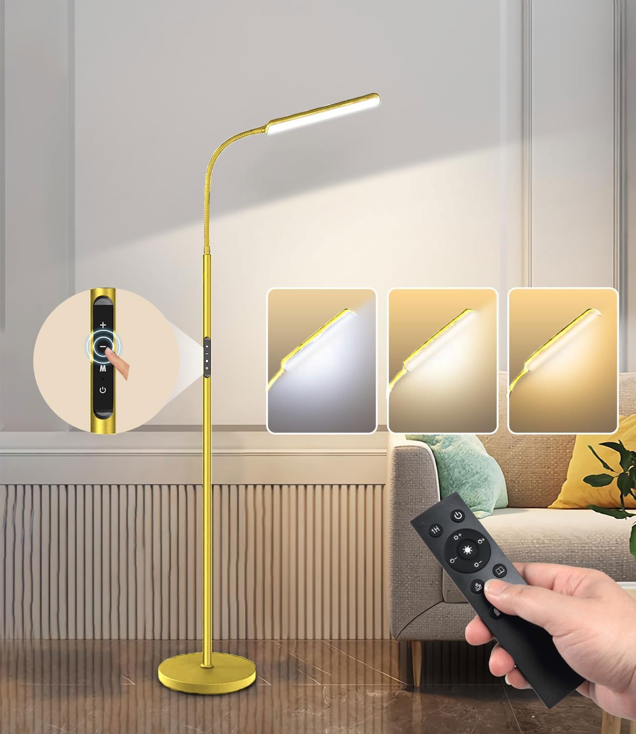 Dimunt LED Floor Lamp, Bright 15W Floor Lamps for Living Room with 1H Timer, Stepless Adjustable 3000K-6000K Colors & Brightness Standing Lamp with Remote & Touch Control Reading Floor Lamps-Golden