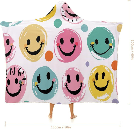 Color Smiley Face Wearable Blanket Hoodie Oversized Fleece Blanket Loungewear Cape Wrap for Adults Teens