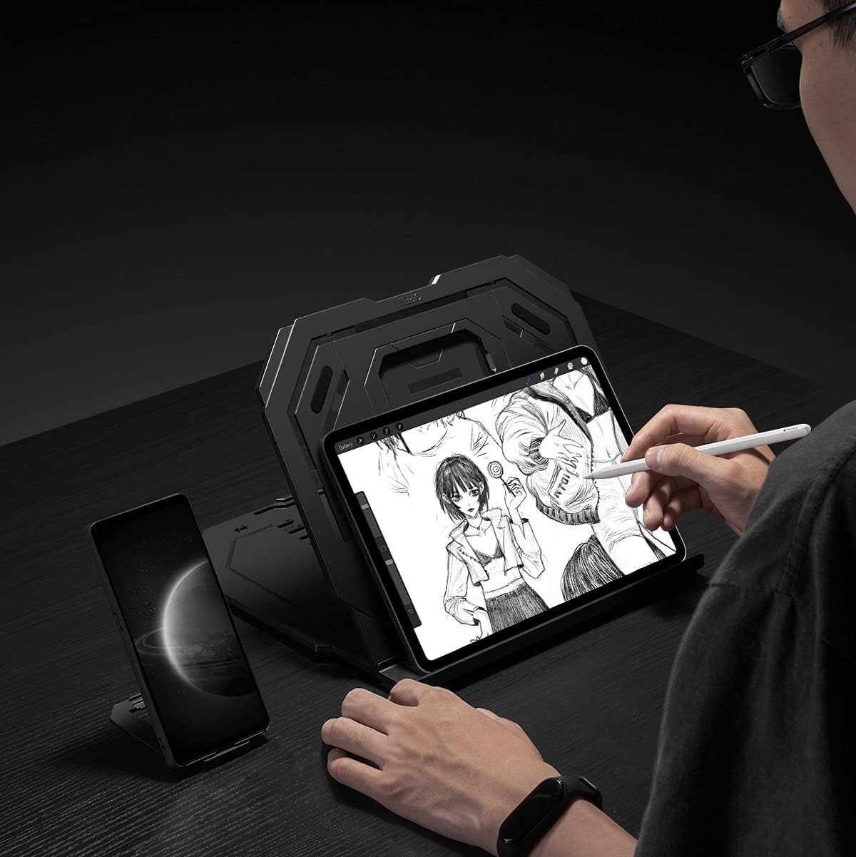 Drawing Tablet Stand, Laptop Foldable Stand for Drawing Monitor, 9 Levels Adjustable Angles with a Built-in Phone Holder, for 12-17 inch Drawing Tablet, MacBook, Laptop, iPad, Book, Phone