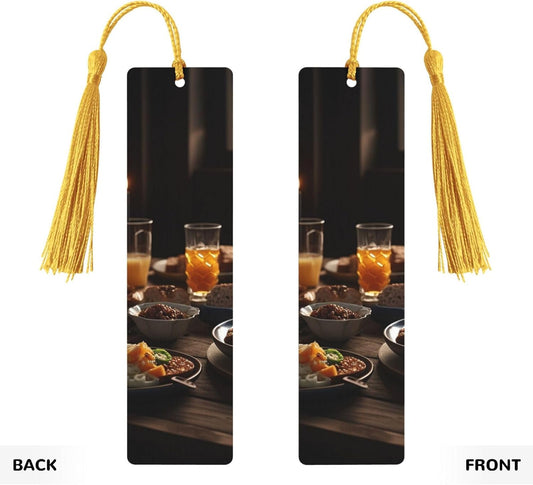 Plate Full of Food on Table Bookmarks Gifts for Women Men, Wooden Bookmarks for Book Lovers, Vintage Book Marks Ornaments with Tassel, Unique Personalized Reading Page Markers Gold