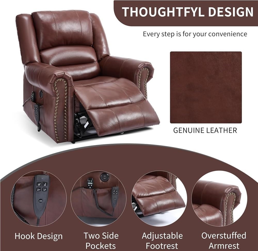 Red Dual Motor Power Lift Chair Lay Flat Recliner with Heat Massage USB Charging Ports Electric Recliner Infinite Position Standing Assistance Leather Chair for Elderly