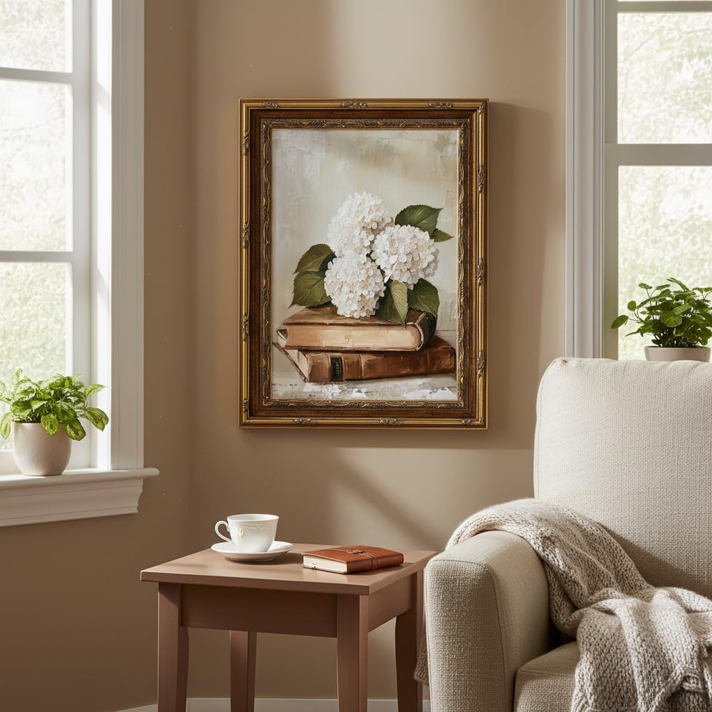 Gold Vintage Framed Floral Book Wall Art Rustic Bookish Hydrangea Painting Picture Wall Decor Elegant Cottage Flowers Poster Print Artwork for Library Reading Room Nook Corner Classroom Home Decoration