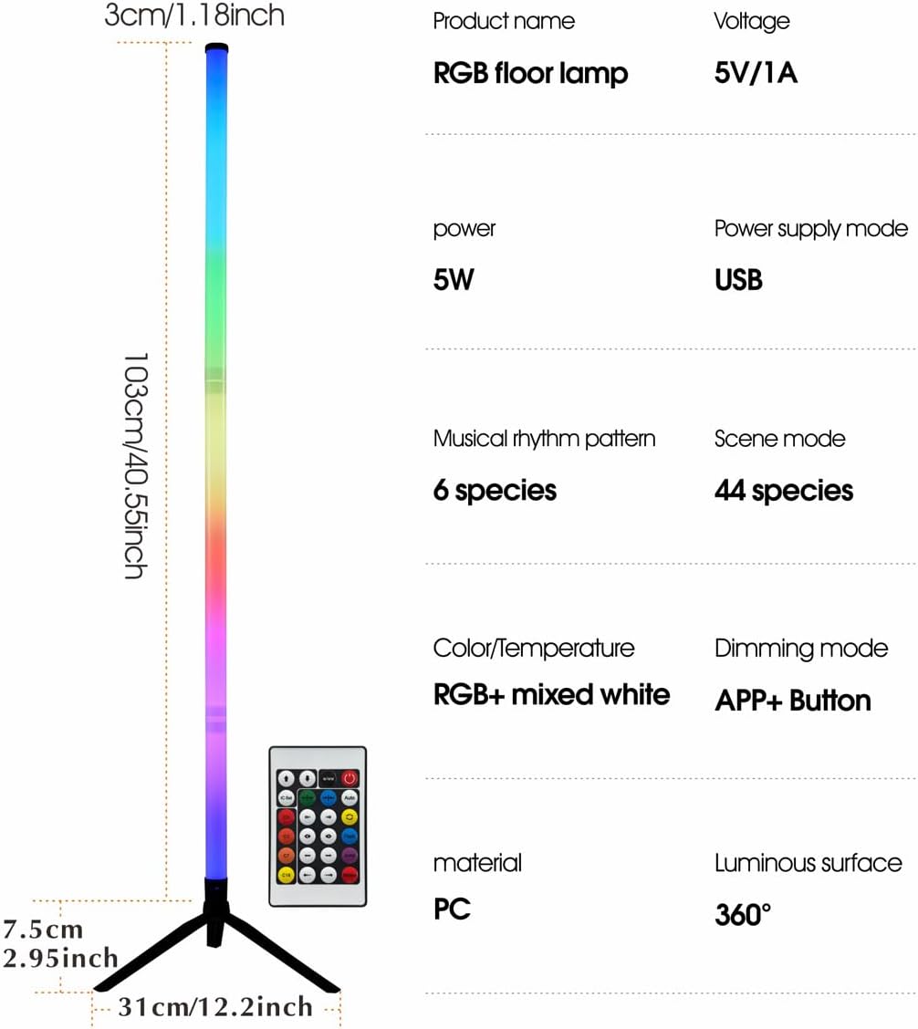 RGB LED Corner Floor Lamp,DIY Floor Lamp with Music Sync and 16 Million Colors, 15 Dynamic Modes, App & Remote Control,Standingl Corner Changing Ambience Light, for Living Bedroom Room Gaming Room