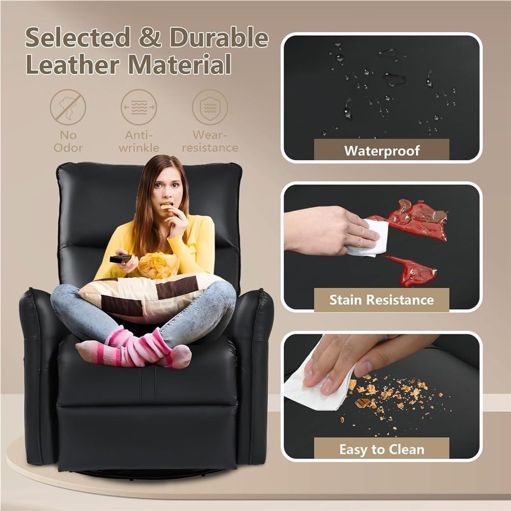 Black Power Swivel Rocker Recliner Chair with Charging Port, Leather Electric Recliner Chair, Comfortable Glider Recliner for Nursery, Home Theater Reclining Chair for Adults