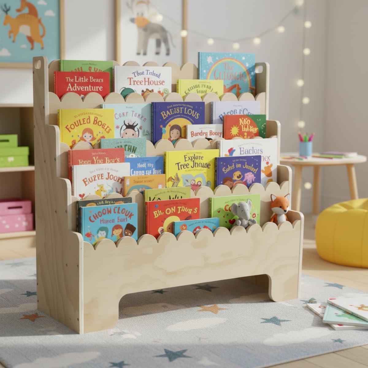 Kids Bookshelf 4-Tier, Natural Wood Children's Bookshelf, Scalloped Toddler Book Shelf, Baby Nursery Book Shelf, Display Front Facing Montessori Bookcase for Kids Room Playroom Nursery