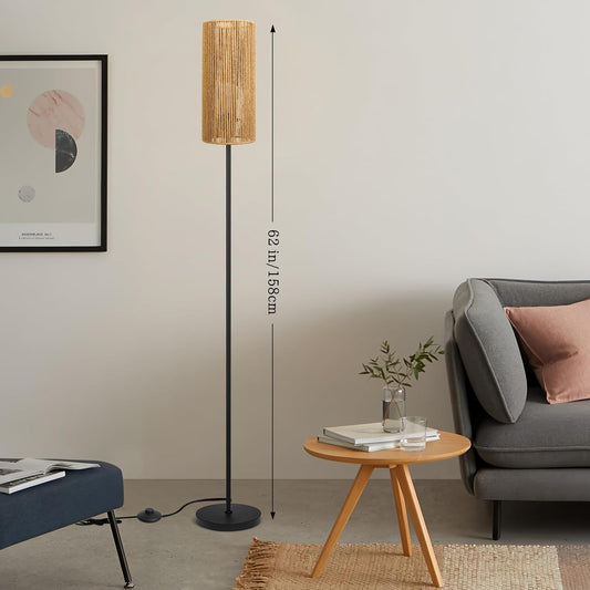 Floor Lamp for Living Room,Farmhouse Floor lamp,Modern Standing lamp with Hand-Worked Rattan Shade (Straight Line Rattan Shade- 3 Color Bulb)