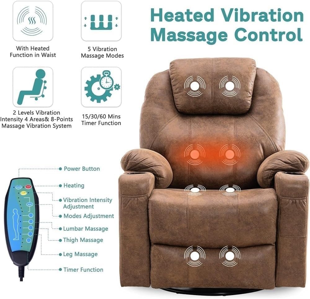 Ergonomic Electric Power Lift Recliner Chair for Adults & Seniors with Heated Massage, Swivel Reclining Lounge, USB Ports, Cup Holders, Remote Control, for Living Room
