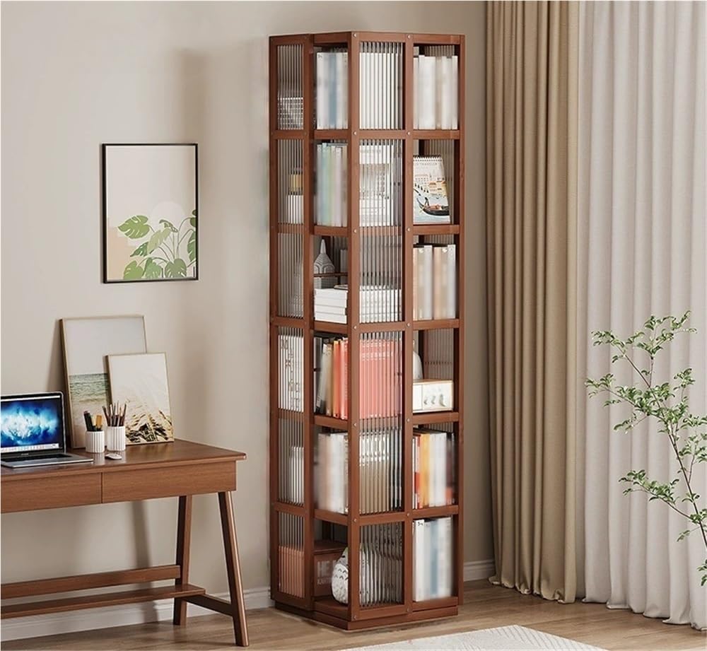 360° Rotating Floor Standing Bookshelf, Tall Open Design Revolving Bookcase with Acrylic, Space-Saving Display Shelf for Study or Living Room (Brown, 72x13.8x13.8in)