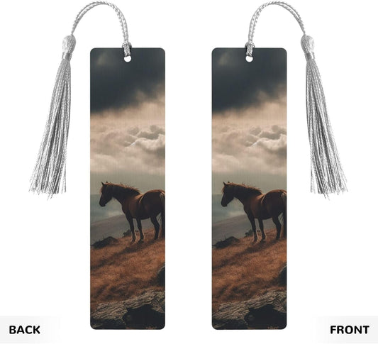 Horse Grazing on The Mountain Bookmarks Gifts for Women Men, Wooden Bookmarks for Book Lovers, Vintage Book Marks Ornaments with Tassel, Unique Personalized Reading Page Markers Gray