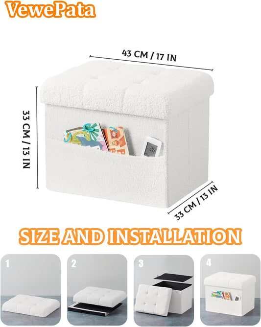 Storage Ottoman Foot Stool,Faux Teddy Tufted Foot Rest, Space Saver Chair with Storage,Ergonomic Stool for Bedroom/Living Room/Desk/Office (White, 17" D x 13" W x 13" H)