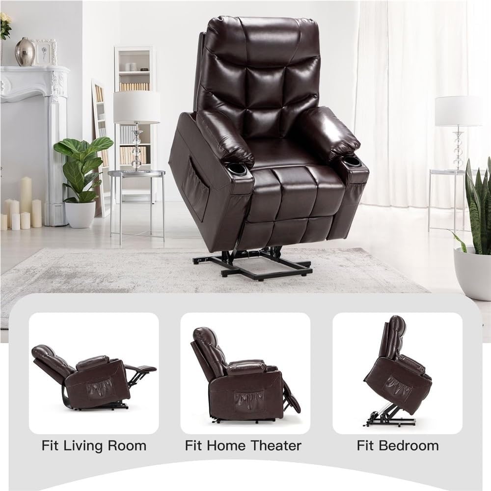 Power Lift Recliner Chair for Elderly, Heavy Duty Electric Recliner with Heat and Massage, Large Comfy Reclining Sofa with Cup Holders & Side Pockets, Dark Brown