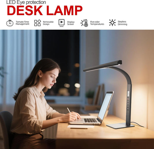 LED desk lamp for home office, architect computer work light,Touch color temperature stepless dimming and adjustable flexible gooseneck tube. desk lamp with clock , suitable for reading and studying.