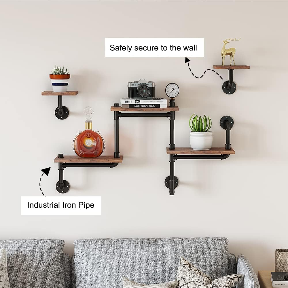 Industrial Pipe Shelving, Rustic Pipe Shelves for Wall Decor, Modern Ladder Shelf with Wood Planks, Floating Shelves Wall Mounted for Home, Living Room, Office(Set of 3 Bookshelf)