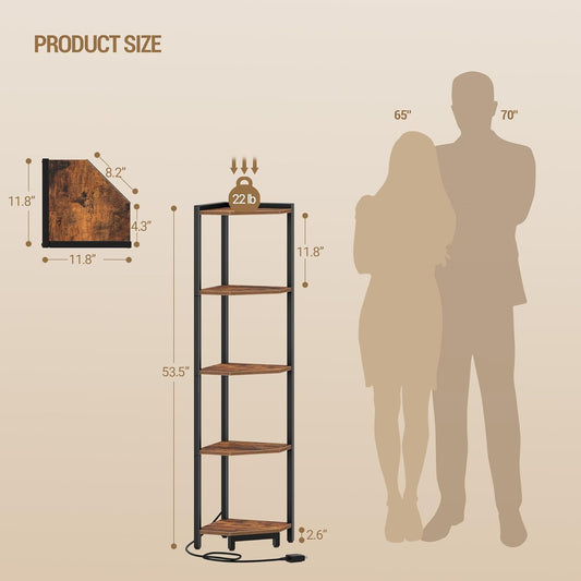Corner Shelf with LED Light, 5-Tier Corner Bookshelf, Tall Narrow Display Bookcase with Metal Frame, Standing Shelf for Small Space, Living Room, Home Office, Bedroom, Rustic Brown CS66501B