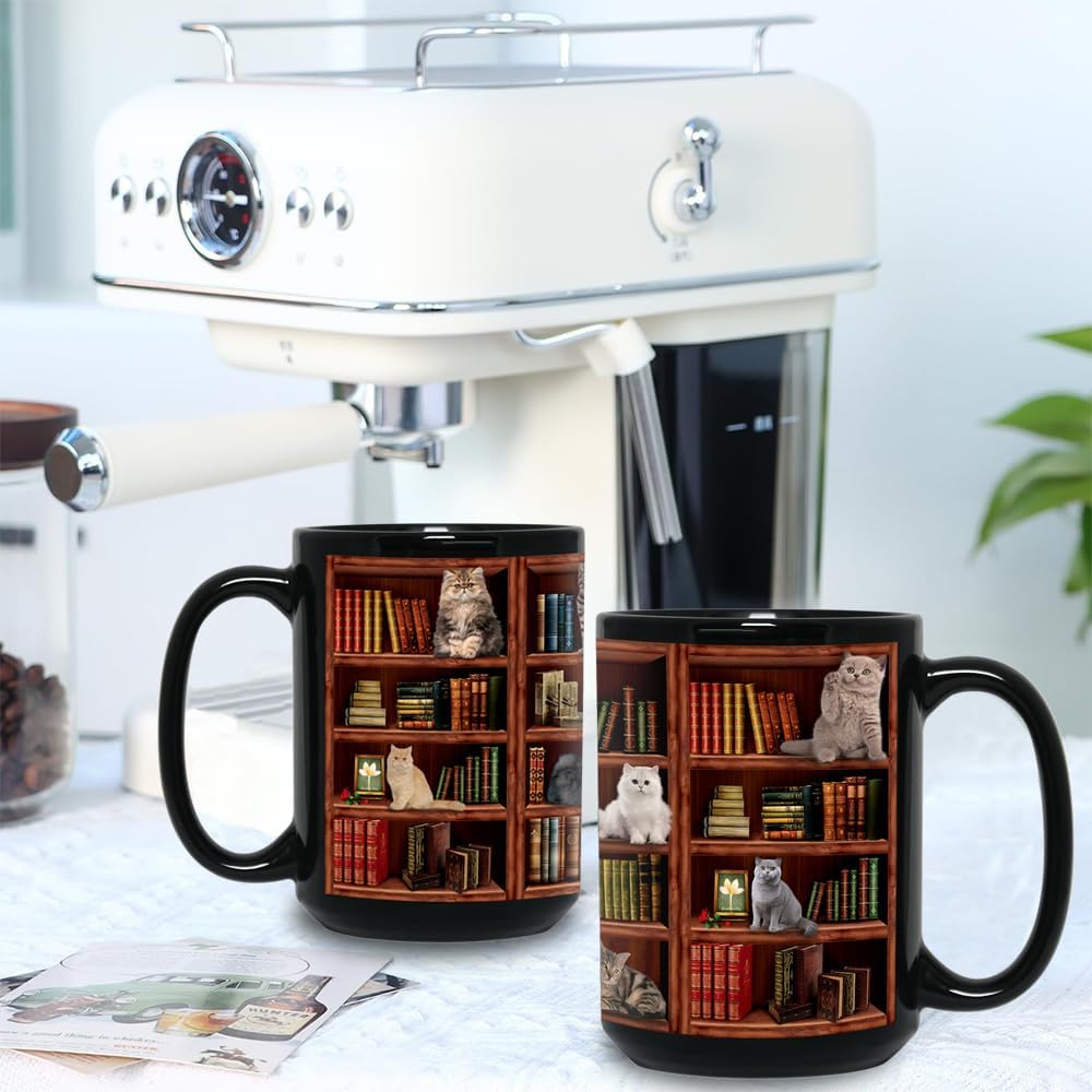 Cat Book Mugs - Coffee Mugs Lovers Gifts for Readers - Best Gift for Cat Lover - Reading Writer Women Tea Cups Library Bookshelf Mug 15oz - Black Chapter Book Mug(15oz-bookshelf)
