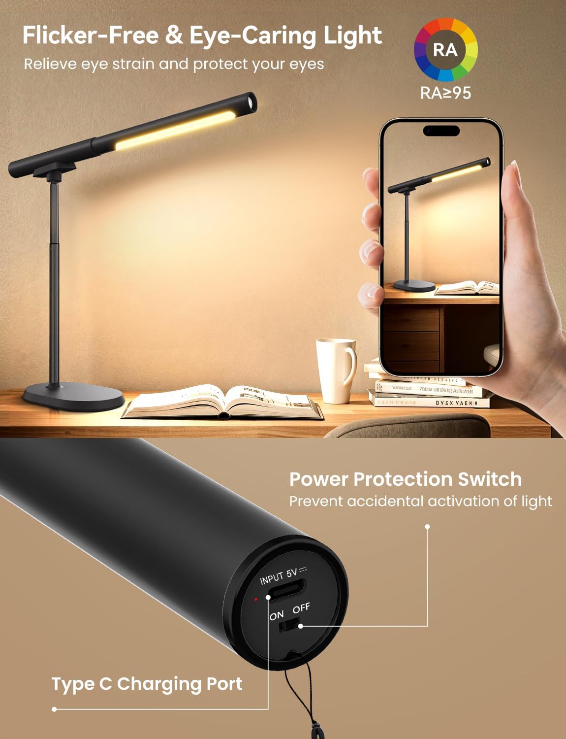 Rechargeable Desk Lamp, Adjustable Magnetic Table Lamp with Removable Cylindrical Light Tube for Study & Bedroom, Dimmable Touch Control & Space-Saving.