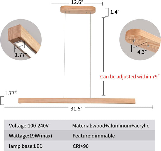 31.5" 18W 1-Light Wooden Led Linear Pendant Light Dimmable Led Ceiling Hanging Light Fixtures Modern Chandeliers for Dining Room Kitchen Island Lights Natural