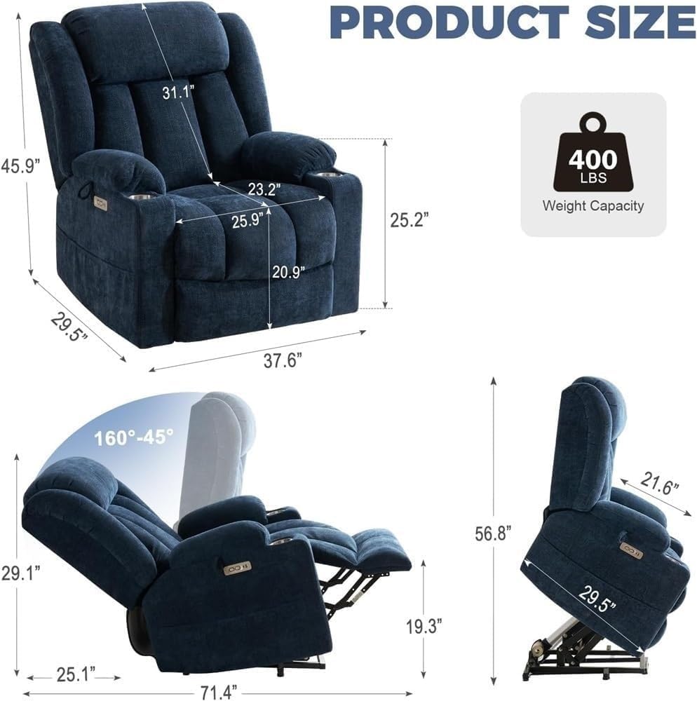 Multi-Functional Power Lift Recliner Chair for Elderly Modern Fabric Electric Stand Up Sofa with Heat and Massage 8 Vibration Points USB Ports 2 Cup Holders Side Pockets