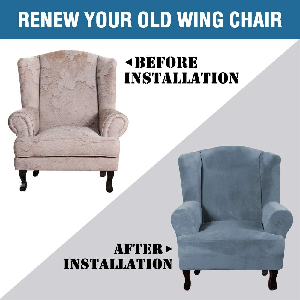 H.VERSAILTEX Wingback Chair Covers Velvet Plush Wing Chair Slipcover 1 Piece High Stretch Wing Back Chair Slipcovers Sofa Cover Furniture Cover with Elastic Bottom, Stone Blue