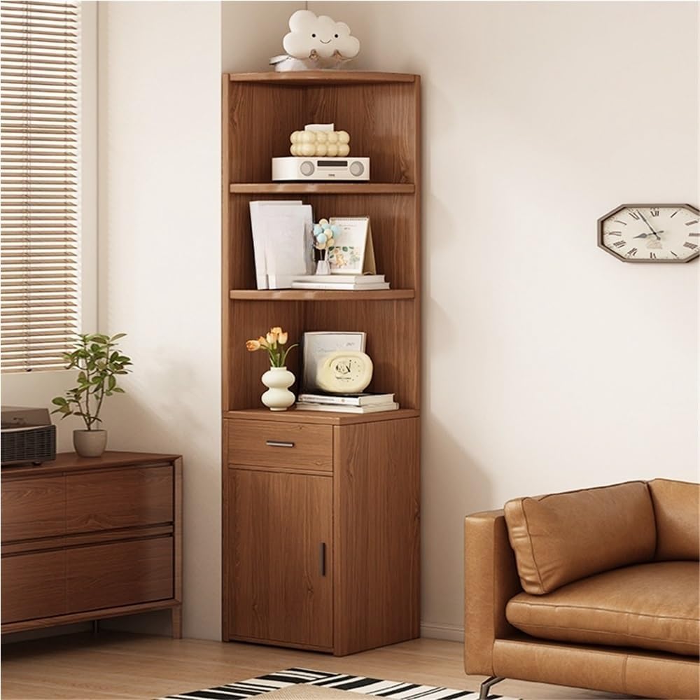 Bookcase, Curved Profile Rack, Display Cabinet with Doors, Wooden Book Shelf with Storage Drawers, Modern Corner Shelf for Living Room, Bedroom, Study(Brown,11.8x11.8x70.9in)