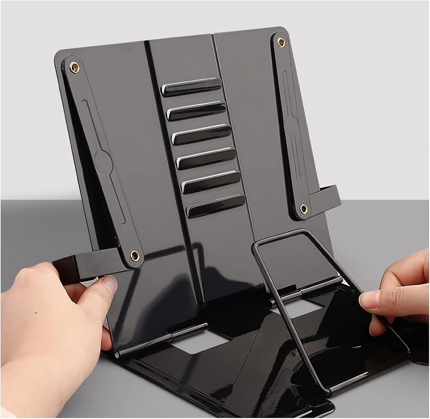 Book Stands and Holders for Reading Metal Book Stand with Fixing Clips Folding Reading Book Holder with 6 Adjustable Angles for Cookbook Tablet Textbook 8.3 x 7.7 inch for Kitchen and Office (Pink )
