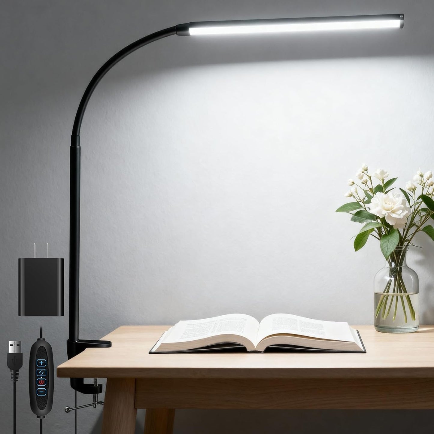 LED Desk Lamp with Clamp Clip on Reading Light Dimmable USB Small Clamp Lamp with 3 Color Modes 10 Brightness, Adjustable Flexible Gooseneck Workbench Light for Bed Headboard, Nail, Computer