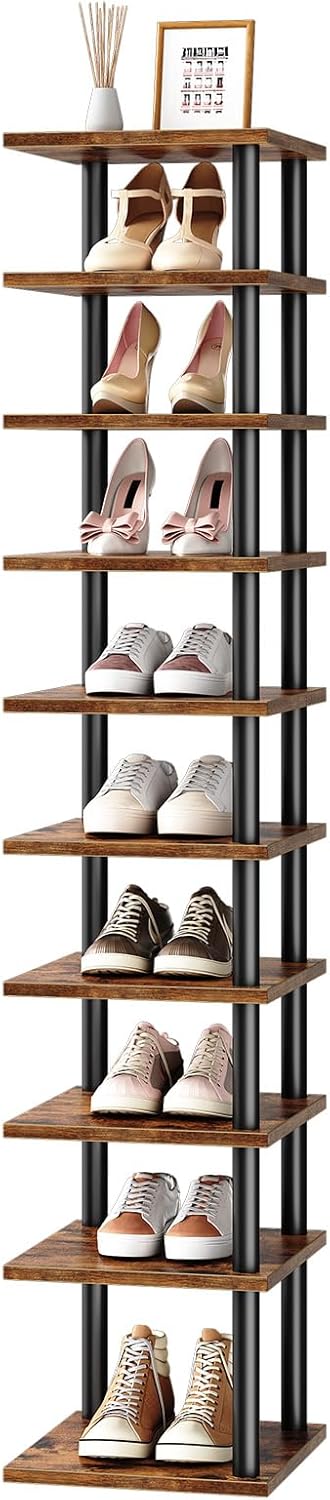 HOOBRO Vertical Shoe Rack, 10-Tier Narrow Shoe Shelf, Shoe Storage Organizer for Small Space, 11" L x 11" W x 68" H, Closet, Entryway, Hallway, Bedroom, Rustic Brown and Black BF32XJ01