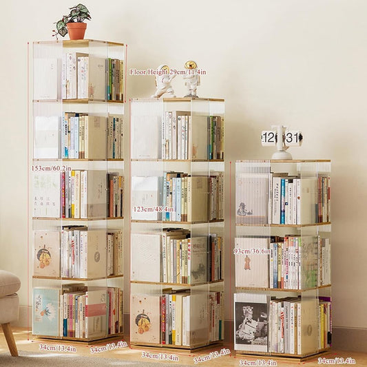 Transparent Acrylic & Bamboo 360° Rotating Bookcase - 4 Tier Revolving Bookshelf for Bedroom, Living Room, Study Room - Stylish Storage Solution & Modern Decor