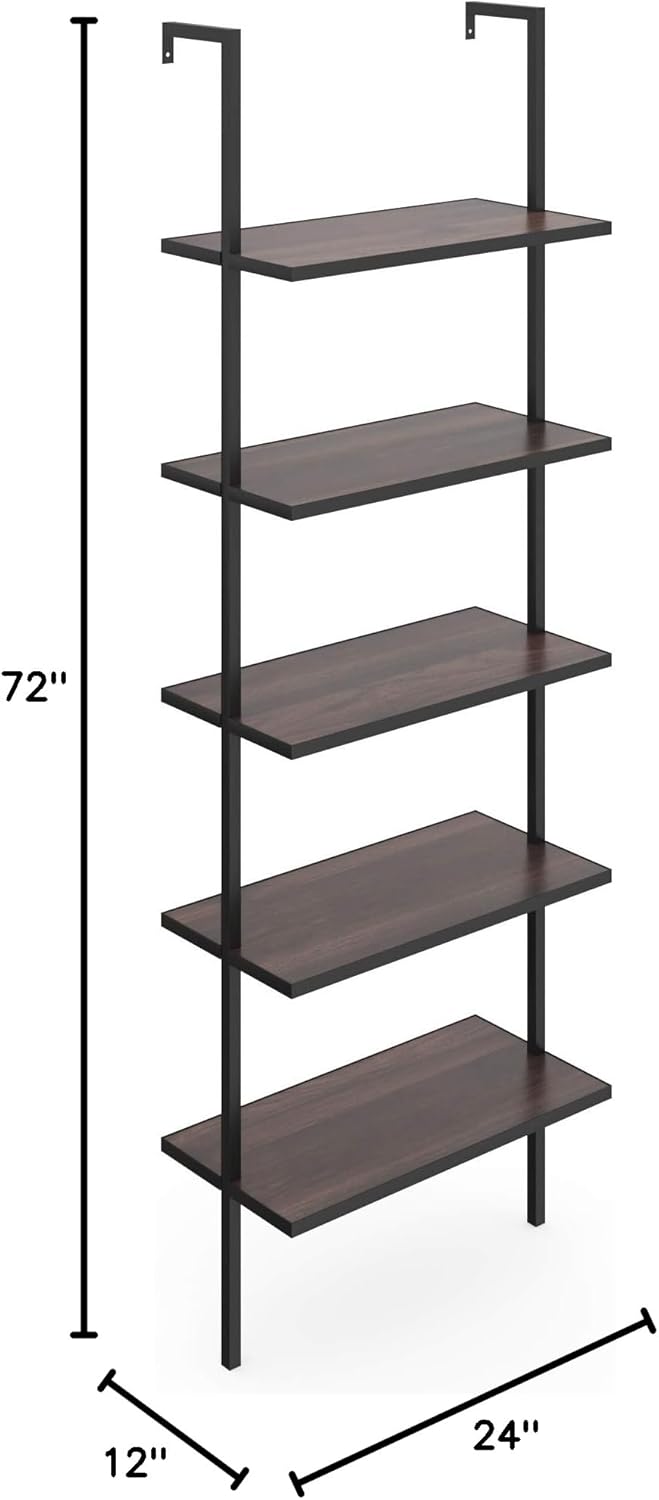 Nathan James Theo 5-Shelf Wood Modern Bookcase, Open Wall Mount Ladder Bookshelf with Industrial Metal Frame, Brown Walnut/Black