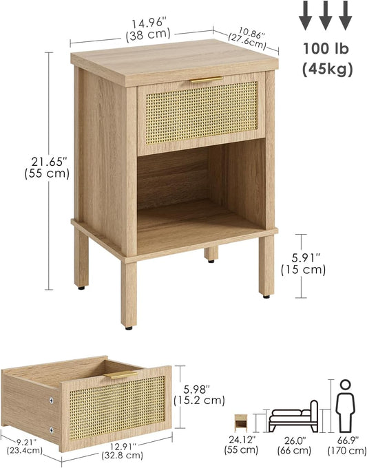 Rattan Nightstand with Drawer and Open Shelf, Boho Side Table with Gold Handle, Small Night Stand, Modern Bedside Table for Bedroom, Natural
