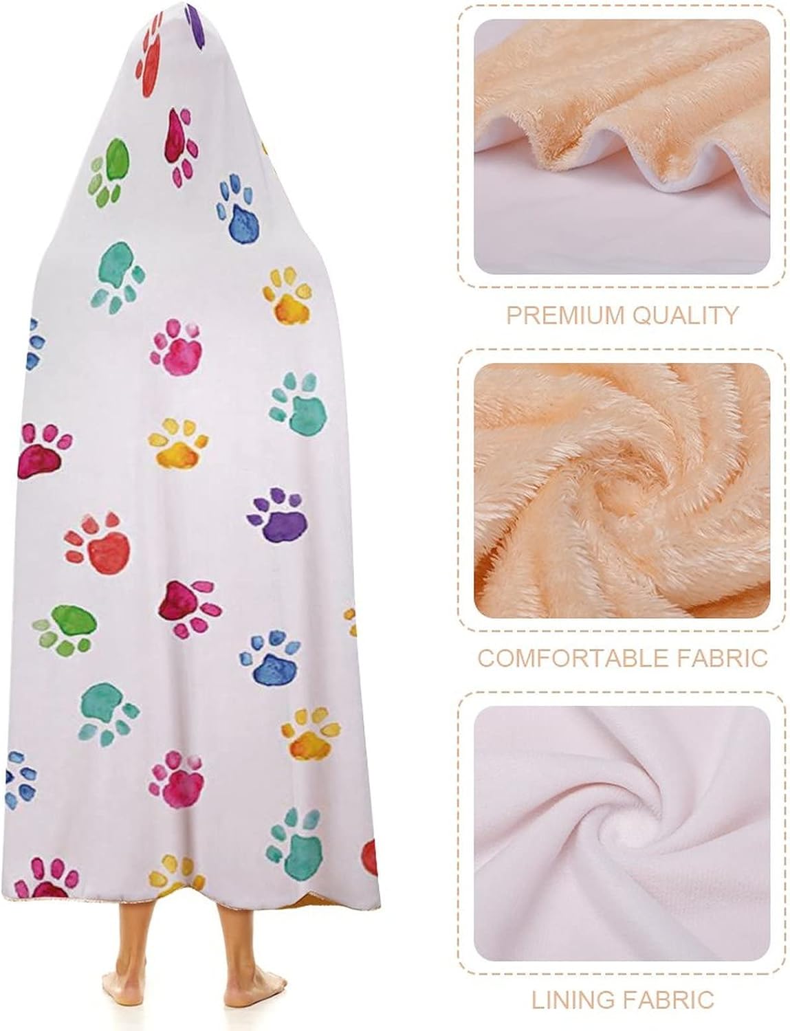 Throw Blankets, Watercolor Wearable Hooded Blanket for Adults, Hand Drawn Colorful Animal Footprints Pattern, Soft Warm Cozy, 40 x 50inches, Studying Reading Snuggling Napping Office, Multicolor