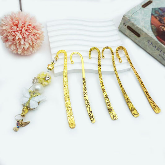 15 Pack Gold Metal Bookmark Hook DIY Bookmarks Antique Tibetan Carved with Loop for Crafting (5 Styles & Silver/Gold/Bronze)