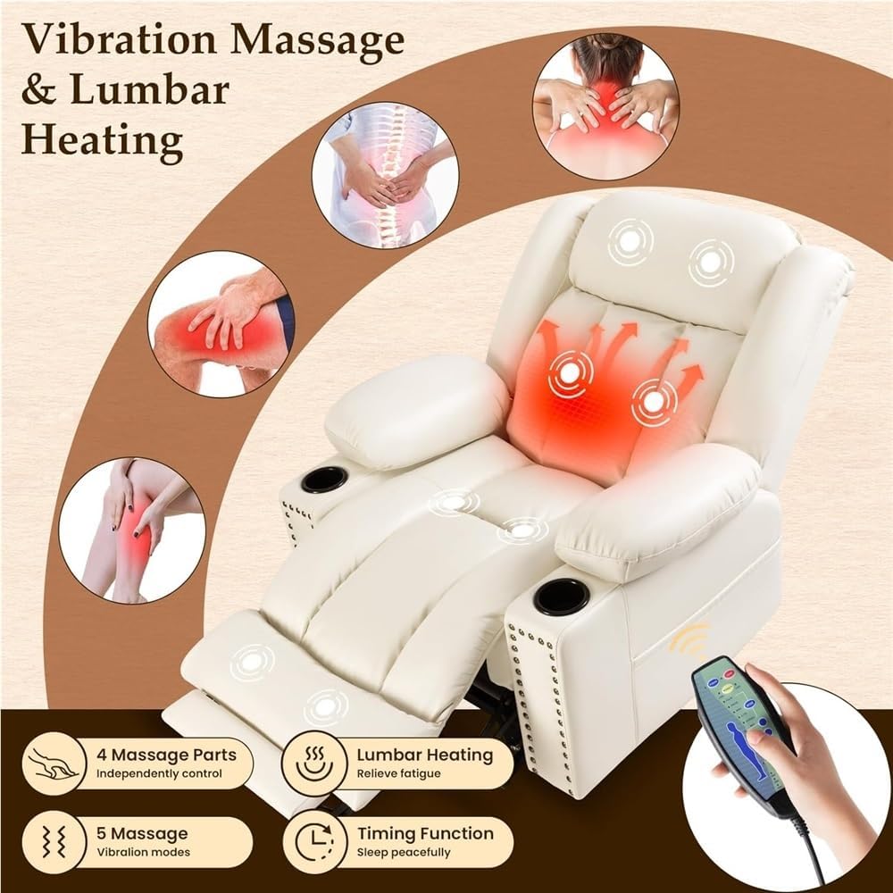 Large Wide Power Lift Recliner Chair for Elderly, Comfortable Leather Electric Reclining Sofa with Heat & Massage, Extended Footrest, Cup Holders, Side Pockets