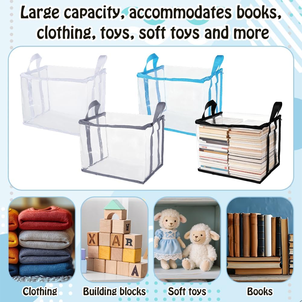 AHANDMAKER 4Pcs Book Storage Bags Clear PVC Comic Organizer Box Case 12.6x9.8x9.4in Heavy Duty Game DVD Holder for Room Library Shelf Display Moving Storage Home Office Organization