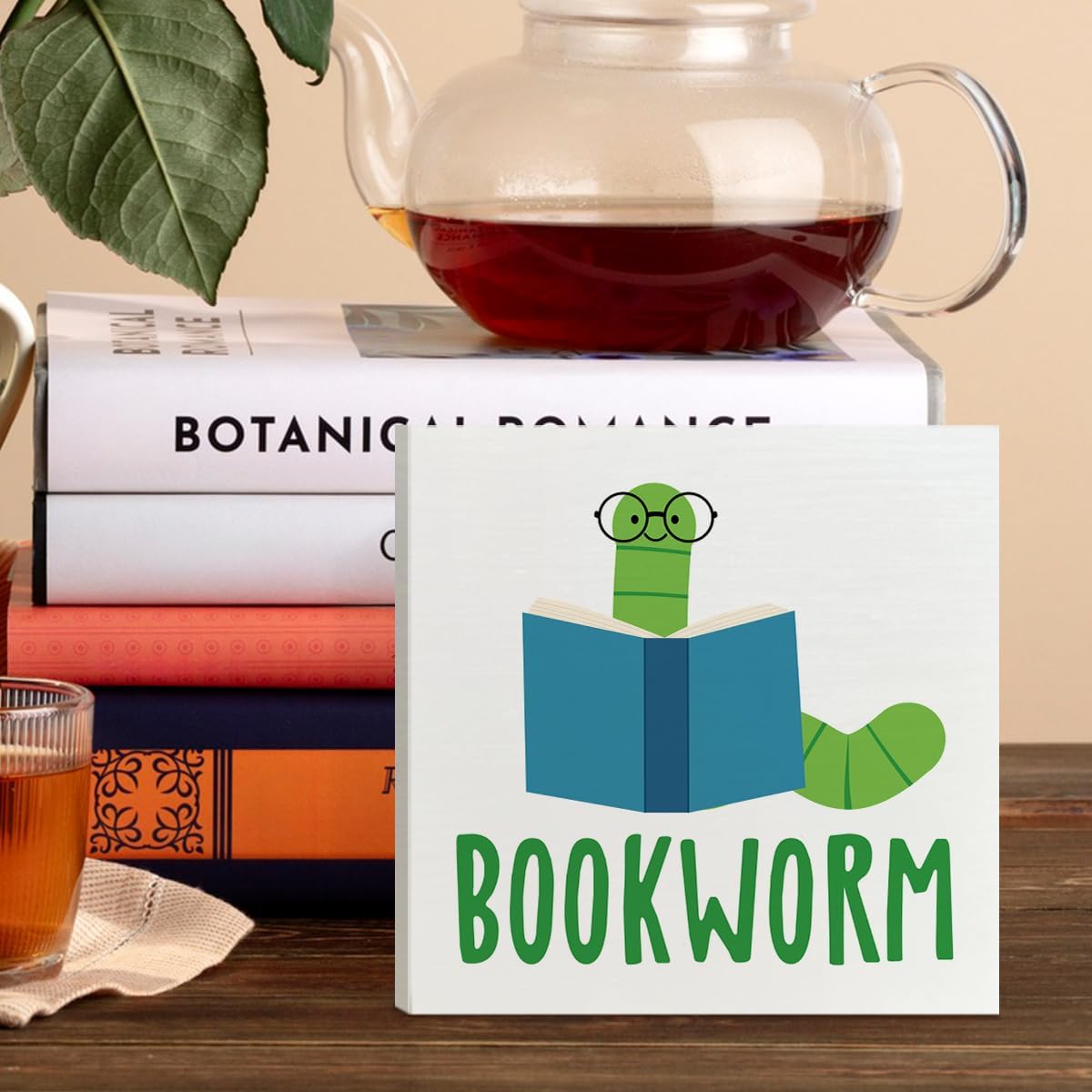 Bookish Bookworm Wood Box Decor Accessories Sign for Home Library Cafe Bedroom Bookshelf, Book Lovers Gifts for Women Bookish Reader Bookworm