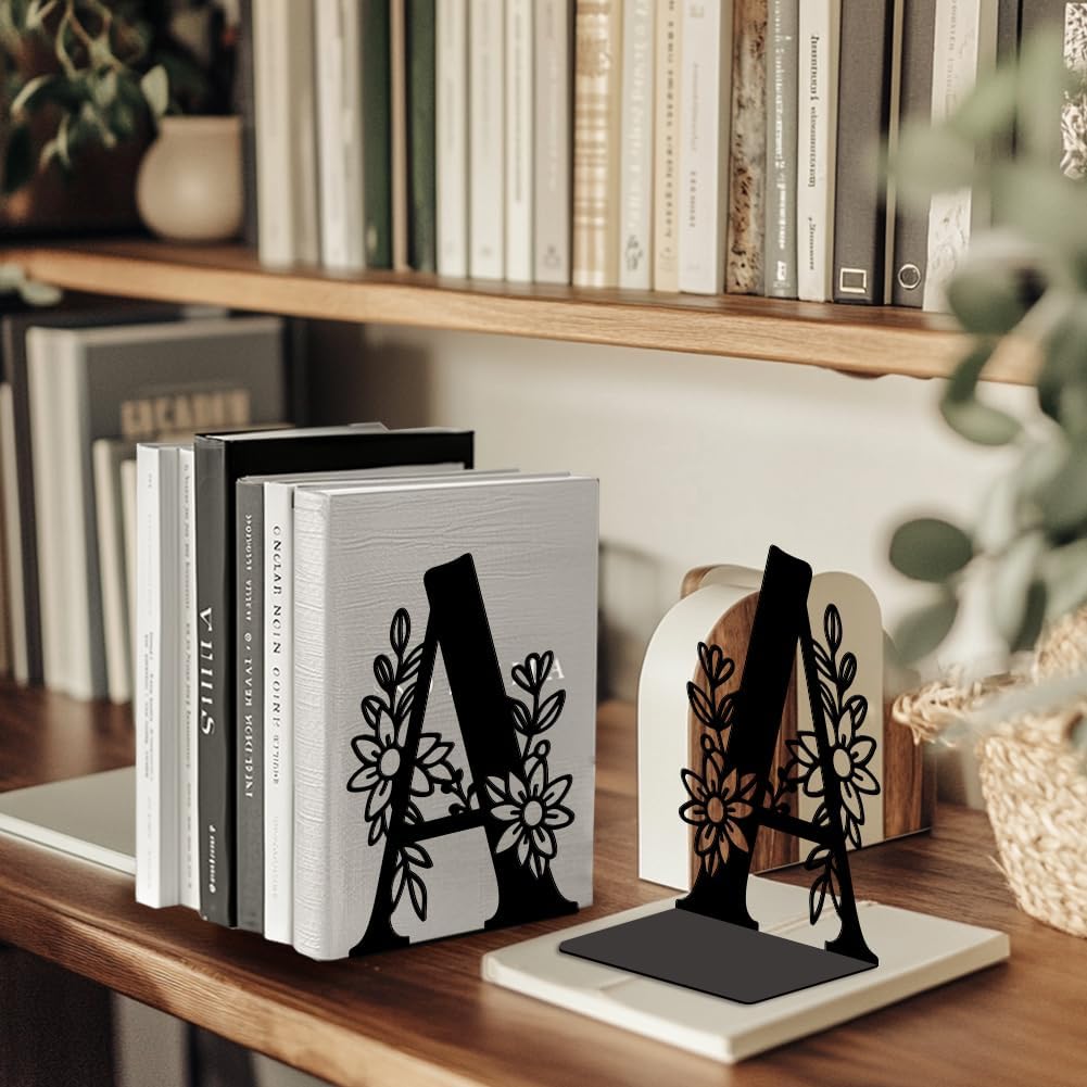 Peacoblue Metal Bookends for Shelves, Modern Decorative Heavy Duty Study Book Ends Stoppers for Office, Desk, Shelf, Room 5.3"x4.3"x7.1" Cast Iron Simple Tall Bookends 1 Pair (Letter A with Flower)